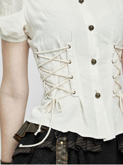 White Cotton Linen Short Bubble Sleeve Back Lace-Up Punk Blouse