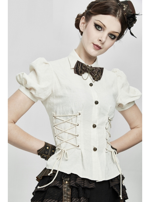 White Cotton Linen Short Bubble Sleeve Back Lace-Up Punk Blouse