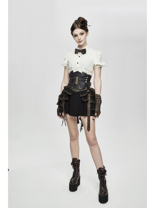 White Cotton Linen Short Bubble Sleeve Back Lace-Up Punk Blouse