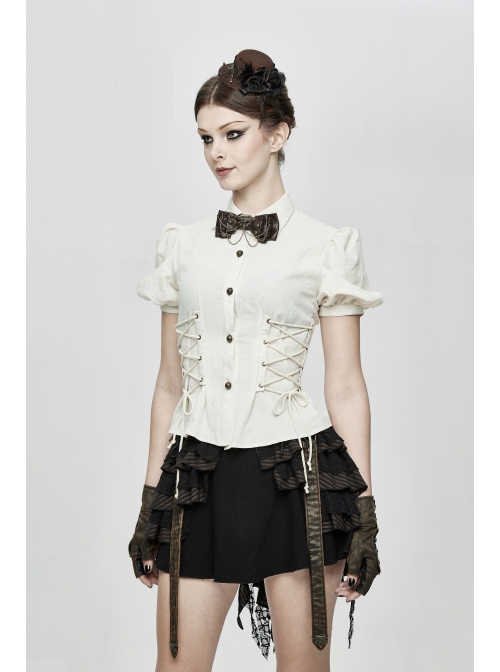 White Cotton Linen Short Bubble Sleeve Back Lace-Up Punk Blouse