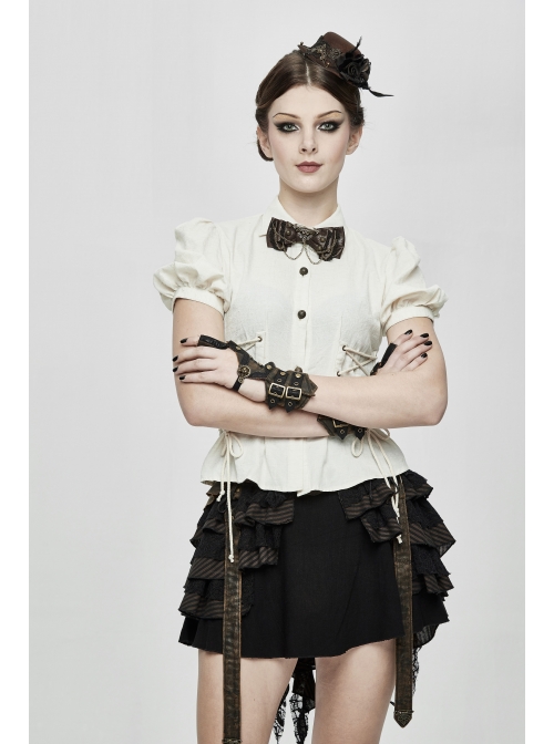 White Cotton Linen Short Bubble Sleeve Back Lace-Up Punk Blouse