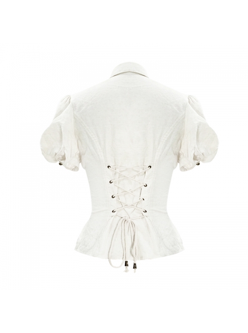 White Cotton Linen Short Bubble Sleeve Back Lace-Up Punk Blouse