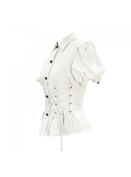 White Cotton Linen Short Bubble Sleeve Back Lace-Up Punk Blouse