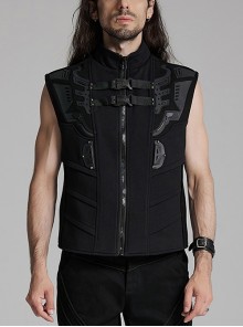 Black Stand Up Collar Wide Shoulders Three Dimensional Armor On The Front With Grid Squares Punk Style Flying Edge Slim Vest