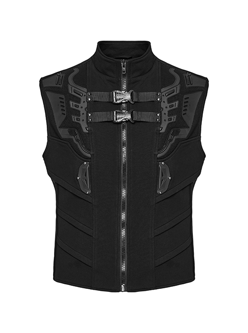 Black Stand Up Collar Wide Shoulders Three Dimensional Armor On The Front With Grid Squares Punk Style Flying Edge Slim Vest