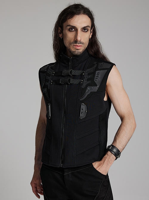 Black Stand Up Collar Wide Shoulders Three Dimensional Armor On The Front With Grid Squares Punk Style Flying Edge Slim Vest