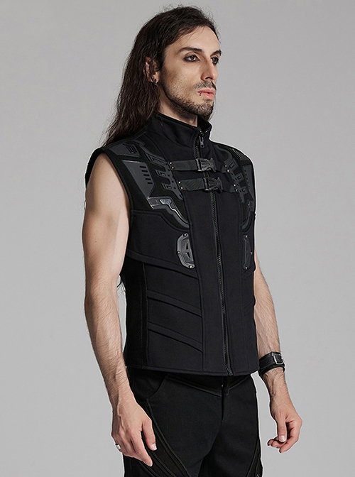 Black Stand Up Collar Wide Shoulders Three Dimensional Armor On The Front With Grid Squares Punk Style Flying Edge Slim Vest