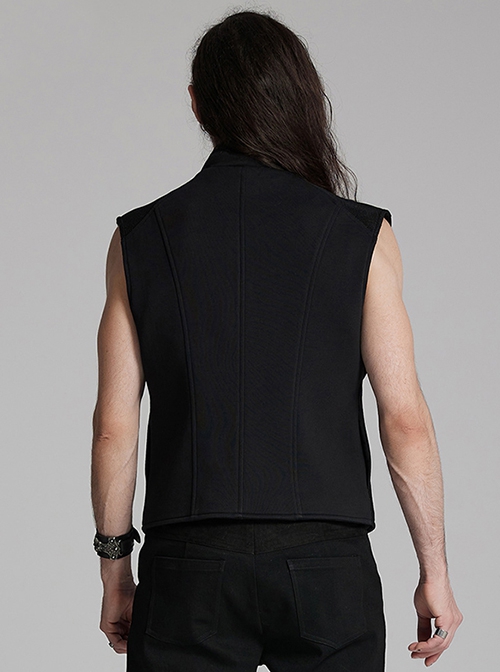 Black Stand Up Collar Wide Shoulders Three Dimensional Armor On The Front With Grid Squares Punk Style Flying Edge Slim Vest