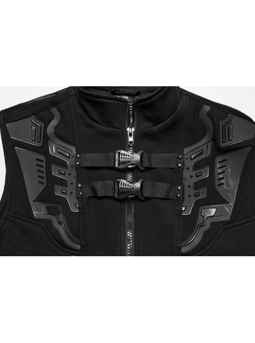 Black Stand Up Collar Wide Shoulders Three Dimensional Armor On The Front With Grid Squares Punk Style Flying Edge Slim Vest