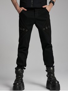 Handsome Black Versatile Stretch Twill Retro Woven Side Metal Eyelet Decorated Punk Style Trousers
