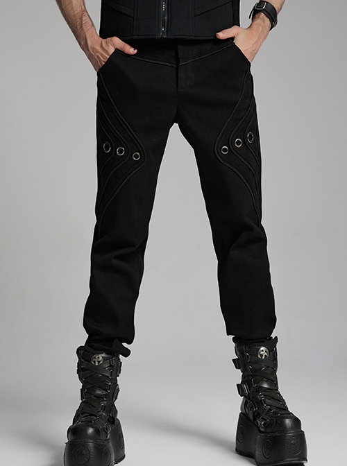 Handsome Black Versatile Stretch Twill Retro Woven Side Metal Eyelet Decorated Punk Style Trousers