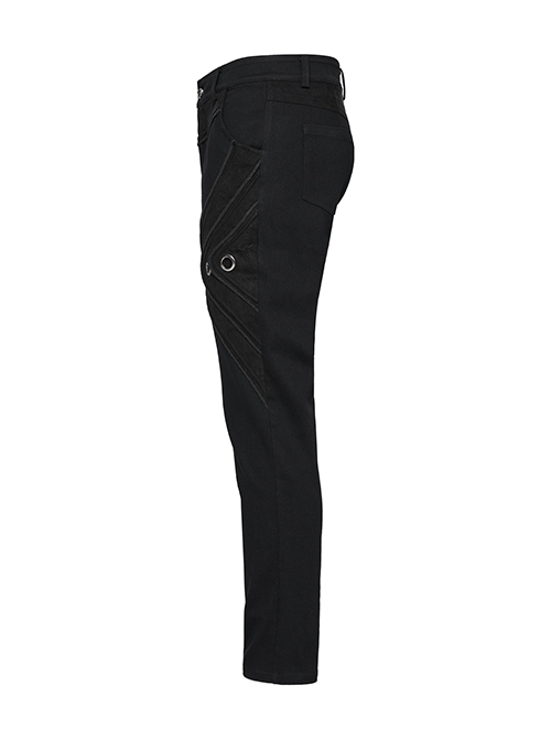 Handsome Black Versatile Stretch Twill Retro Woven Side Metal Eyelet Decorated Punk Style Trousers
