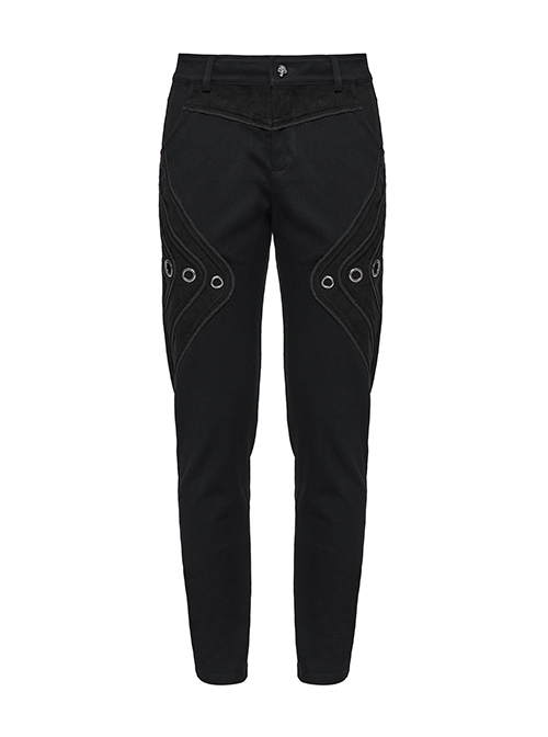 Handsome Black Versatile Stretch Twill Retro Woven Side Metal Eyelet Decorated Punk Style Trousers