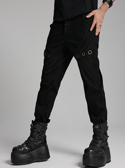Handsome Black Versatile Stretch Twill Retro Woven Side Metal Eyelet Decorated Punk Style Trousers