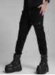 Handsome Black Versatile Stretch Twill Retro Woven Side Metal Eyelet Decorated Punk Style Trousers