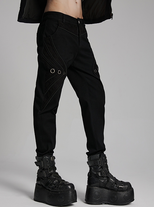 Handsome Black Versatile Stretch Twill Retro Woven Side Metal Eyelet Decorated Punk Style Trousers