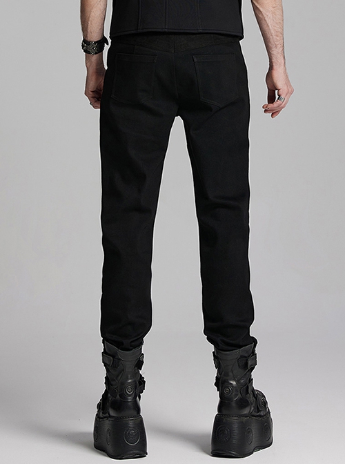 Handsome Black Versatile Stretch Twill Retro Woven Side Metal Eyelet Decorated Punk Style Trousers
