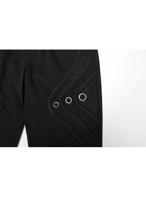 Handsome Black Versatile Stretch Twill Retro Woven Side Metal Eyelet Decorated Punk Style Trousers
