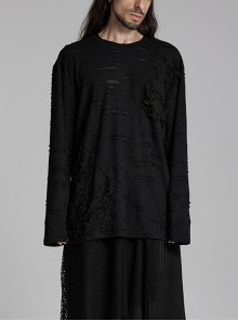 Black Decadent Loose Elastic Ripped Knitted Gothic Style Long Sleeved T-Shirt