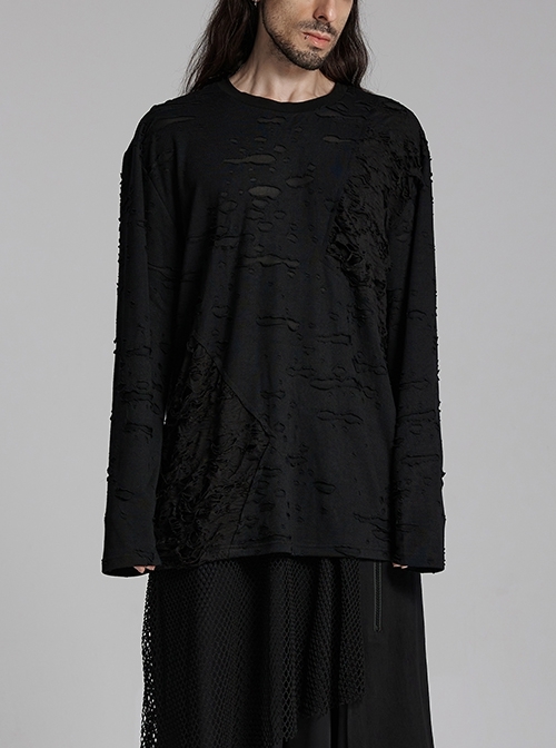 Black Decadent Loose Elastic Ripped Knitted Gothic Style Long Sleeved T-Shirt