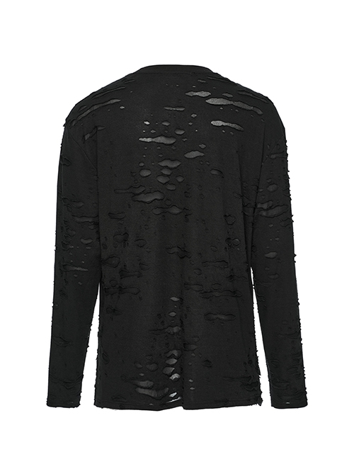 Black Decadent Loose Elastic Ripped Knitted Gothic Style Long Sleeved T-Shirt