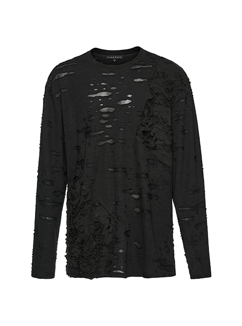 Black Decadent Loose Elastic Ripped Knitted Gothic Style Long Sleeved T-Shirt