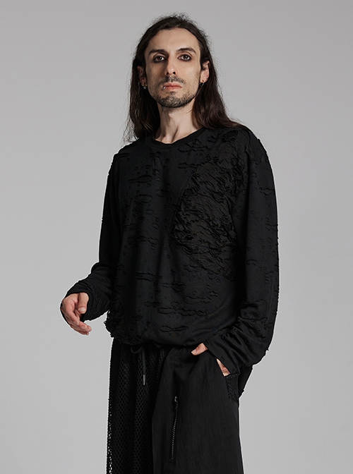 Black Decadent Loose Elastic Ripped Knitted Gothic Style Long Sleeved T-Shirt