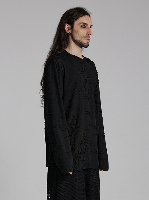 Black Decadent Loose Elastic Ripped Knitted Gothic Style Long Sleeved T-Shirt