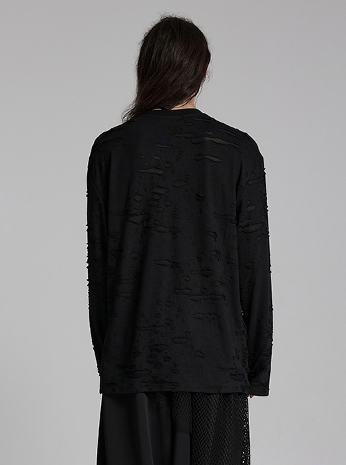 Black Decadent Loose Elastic Ripped Knitted Gothic Style Long Sleeved T-Shirt