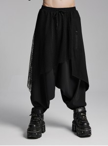 Personalized Irregular Black Stretch Knitted Splicing Diamond Mesh With Zipper Embellishment Punk Style Crotch Pants