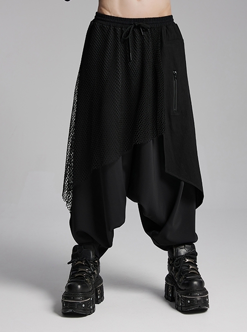 Personalized Irregular Black Stretch Knitted Splicing Diamond Mesh With Zipper Embellishment Punk Style Crotch Pants