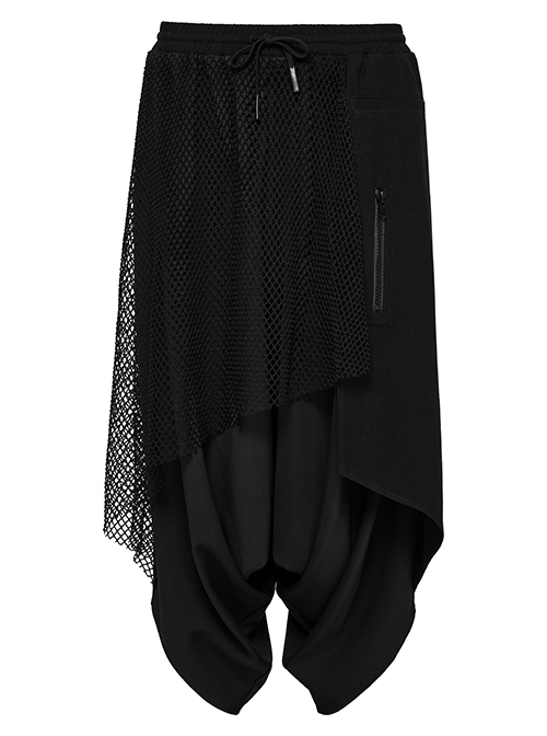 Personalized Irregular Black Stretch Knitted Splicing Diamond Mesh With Zipper Embellishment Punk Style Crotch Pants