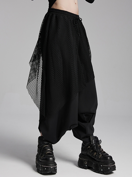 Personalized Irregular Black Stretch Knitted Splicing Diamond Mesh With Zipper Embellishment Punk Style Crotch Pants