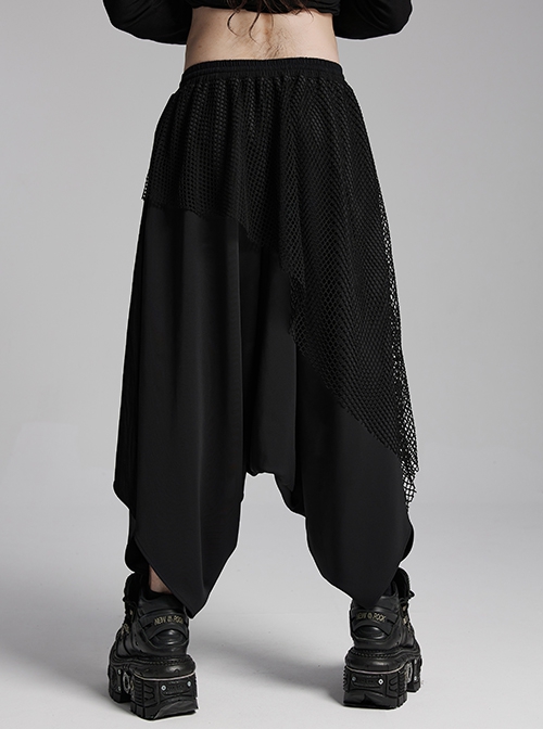 Personalized Irregular Black Stretch Knitted Splicing Diamond Mesh With Zipper Embellishment Punk Style Crotch Pants