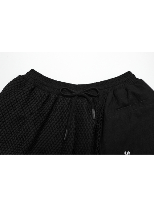 Personalized Irregular Black Stretch Knitted Splicing Diamond Mesh With Zipper Embellishment Punk Style Crotch Pants