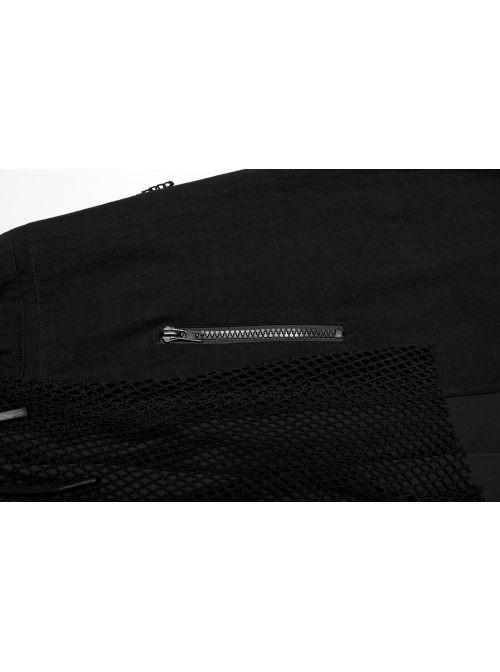 Personalized Irregular Black Stretch Knitted Splicing Diamond Mesh With Zipper Embellishment Punk Style Crotch Pants