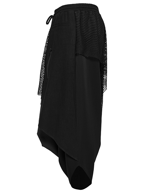Personalized Irregular Black Stretch Knitted Splicing Diamond Mesh With Zipper Embellishment Punk Style Crotch Pants