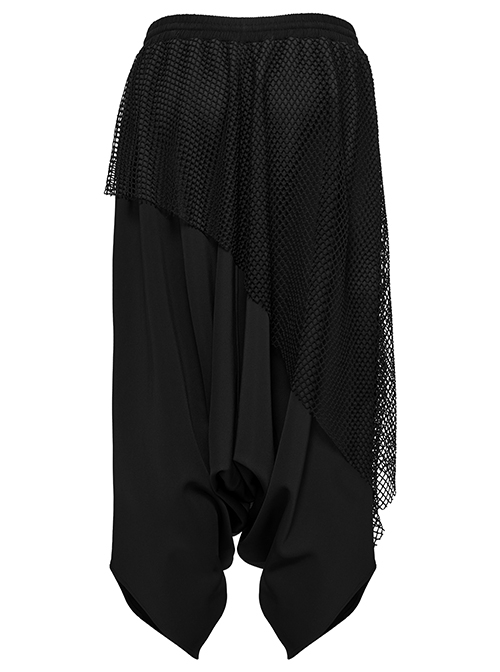Personalized Irregular Black Stretch Knitted Splicing Diamond Mesh With Zipper Embellishment Punk Style Crotch Pants