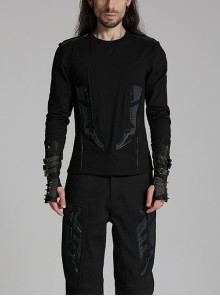 Black Personalized Stretch Knitted Front Panel Armor With Shiny Ribbon Embellishment Punk Style Long Sleeve T-Shirt