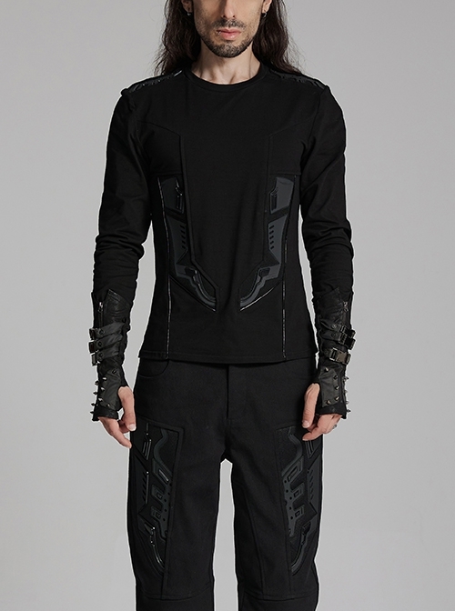 Black Personalized Stretch Knitted Front Panel Armor With Shiny Ribbon Embellishment Punk Style Long Sleeve T-Shirt