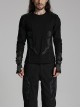 Black Personalized Stretch Knitted Front Panel Armor With Shiny Ribbon Embellishment Punk Style Long Sleeve T-Shirt