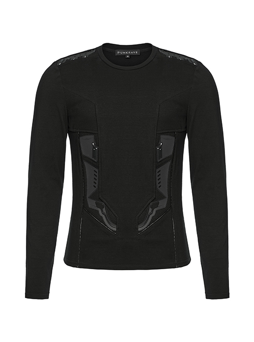 Black Personalized Stretch Knitted Front Panel Armor With Shiny Ribbon Embellishment Punk Style Long Sleeve T-Shirt