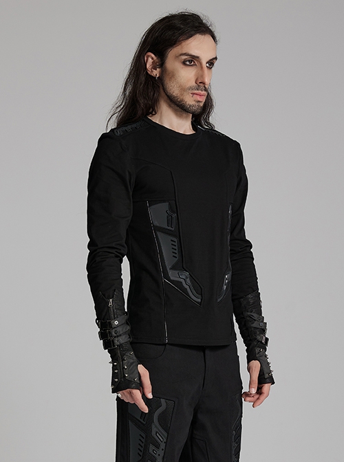 Black Personalized Stretch Knitted Front Panel Armor With Shiny Ribbon Embellishment Punk Style Long Sleeve T-Shirt