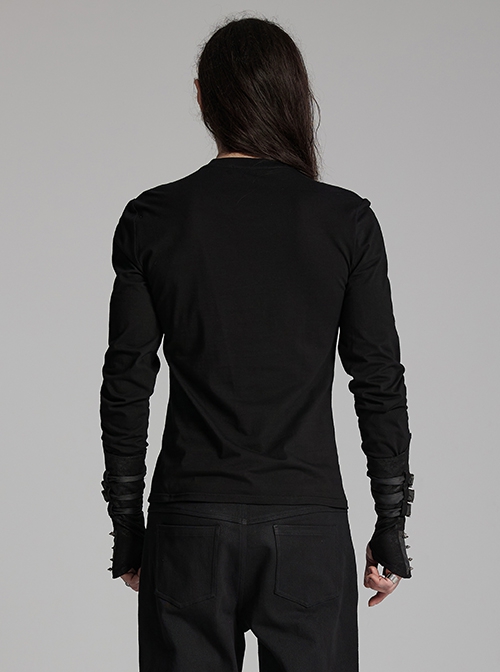 Black Personalized Stretch Knitted Front Panel Armor With Shiny Ribbon Embellishment Punk Style Long Sleeve T-Shirt