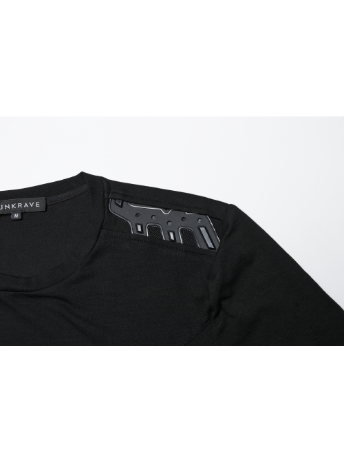 Black Personalized Stretch Knitted Front Panel Armor With Shiny Ribbon Embellishment Punk Style Long Sleeve T-Shirt