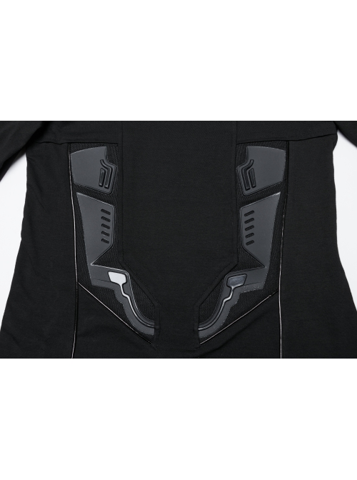 Black Personalized Stretch Knitted Front Panel Armor With Shiny Ribbon Embellishment Punk Style Long Sleeve T-Shirt