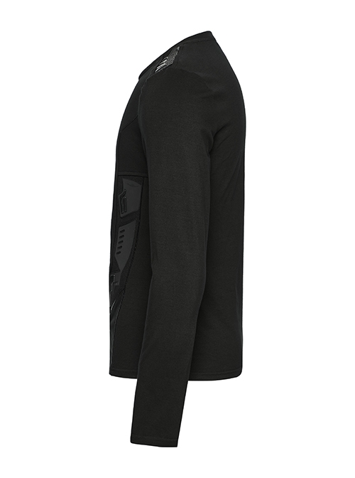 Black Personalized Stretch Knitted Front Panel Armor With Shiny Ribbon Embellishment Punk Style Long Sleeve T-Shirt