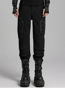 Black Simple Stretch Twill Woven Side Three Dimensional Black Rubber Patch Decorated Punk Style Rough Trousers