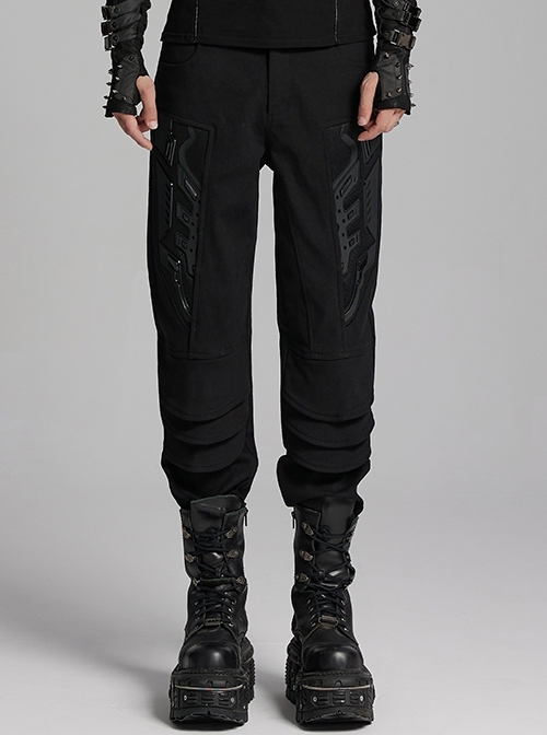 Black Simple Stretch Twill Woven Side Three Dimensional Black Rubber Patch Decorated Punk Style Rough Trousers