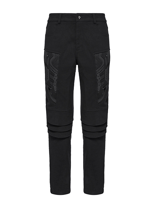 Black Simple Stretch Twill Woven Side Three Dimensional Black Rubber Patch Decorated Punk Style Rough Trousers